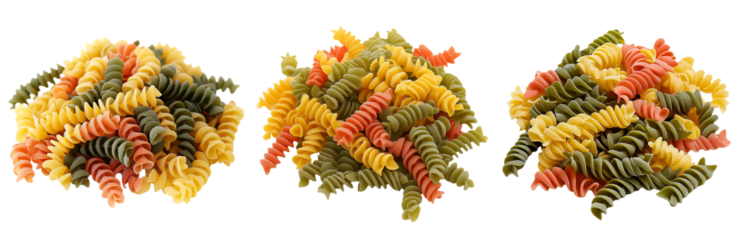 A pile of uncooked fusilli tricolore pasta in shades of green, red, and yellow, isolated on a transparent background