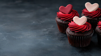 Delicious cupcakes with red icing and heart shaped toppings for Valentine Day. Perfect for celebrating love and sweet moments together