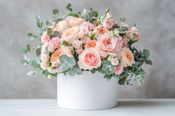Obraz premium Beautiful bouquet of pink various flowers in a white box