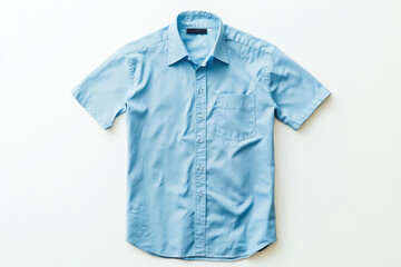 Classic blue short-sleeve button-down shirt with a pocket on a white background
