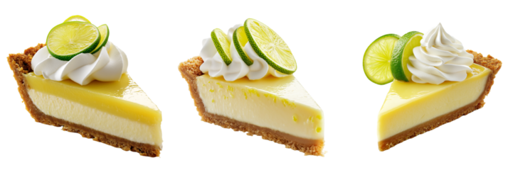 A bright slice of key lime pie topped with a swirl of whipped cream and thin slices of fresh lime, isolated on a transparent background