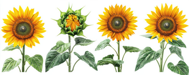 Four stages of sunflower growth, from bud to full bloom, with vibrant yellow petals