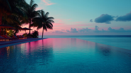 Resort at sunset featuring palm trees and an infinity pool overlooking the ocean