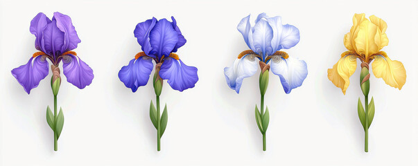 Realistic illustration of four iris flowers in purple, blue, white, and yellow on light background