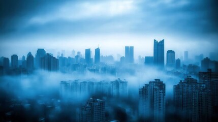 Foggy Cityscape in Morning Light Over Commercial District