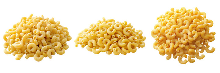 A pile of uncooked elbow macaroni pasta, isolated on a transparent background