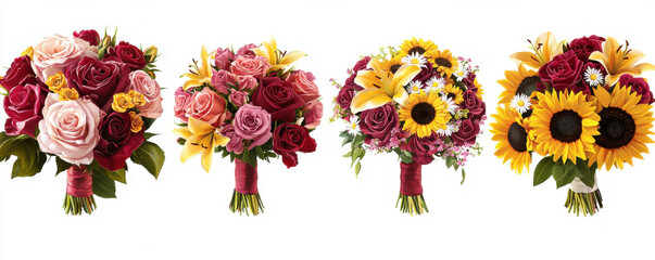 Four vibrant floral bouquets featuring roses, sunflowers, lilies, and daisies in various arrangements