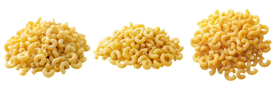 A pile of uncooked elbow macaroni pasta, isolated on a transparent background
