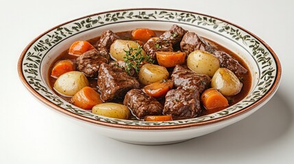 A bowl of rich beef stew with carrots, potatoes, and onions, perfect for a cozy, comforting meal.