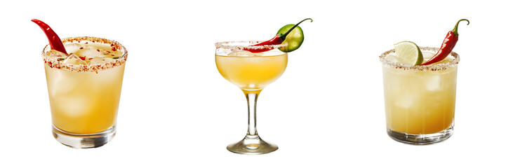 A spicy mezcal margarita served in a salt-rimmed glass, garnished with a chili pepper, isolated on a transparent background