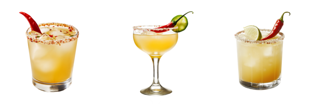 A spicy mezcal margarita served in a salt-rimmed glass, garnished with a chili pepper, isolated on a transparent background