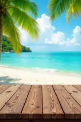 Fototapeta premium Tropical beach scene, blurred ocean, wooden table Perfect for product display , advertisement, bright