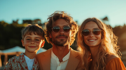 Family portrait of parents and children enjoying a sunny day outdoors near a beach