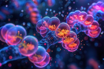 A vivid and detailed macro view showcasing intricate molecular structures with vibrant colors, representing cutting-edge scientific exploration in microbiology or nanotechnology