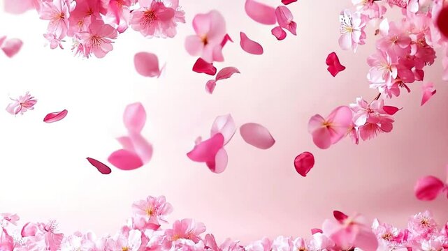 Background in pink tones with cherry blossom and falling petals, spring, romantic theme