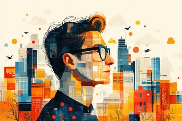 Profile view of a person wearing glasses against an abstract urban background showcasing a colorful cityscape with birds and trees interspersed