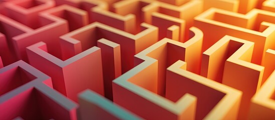 View from above of a complex geometric maze, lit by warm light.