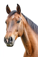 Fototapeta premium A breathtaking close-up portrait of a majestic horse featuring its expressive eyes and unique facial features, set against a bright white background for striking contrast.