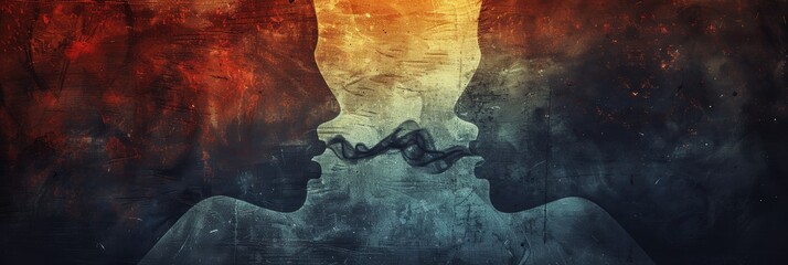 Two abstract profiles facing each other with contrasting fiery and cool colors, symbolizing emotions, thoughts, and a merging of ideas in a dramatic art style
