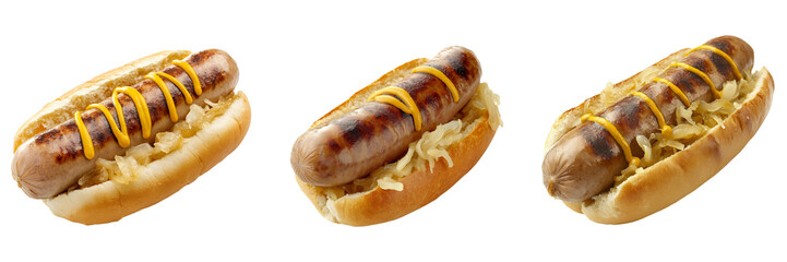 A German bratwurst sausage served in a small bun, topped with tangy mustard and sauerkraut, isolated on a transparent background