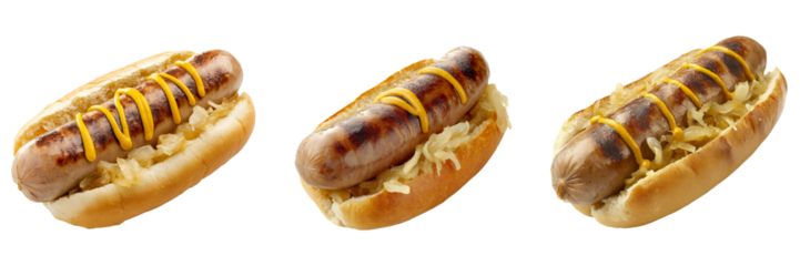 A German bratwurst sausage served in a small bun, topped with tangy mustard and sauerkraut, isolated on a transparent background
