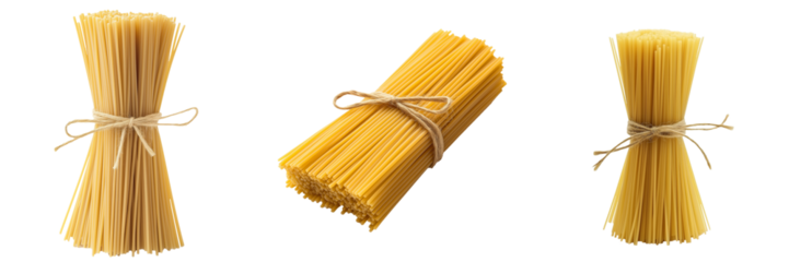 A bundle of uncooked spaghetti pasta neatly tied with twine, isolated on a transparent background