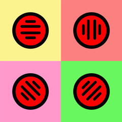 Minimalist circular patterns with red and black abstract lines on four colorful backgrounds, creating a bold and modern pop art style design.