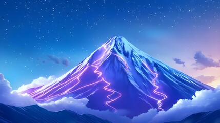 magical mountain, neon trails, night sky - fantasy art