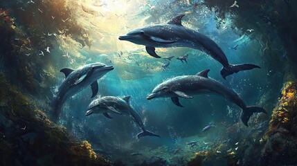 Fototapeta premium Dolphins Gracefully Swimming Through Ocean Depths