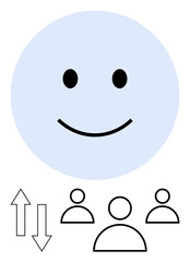 Large happy face above three user icons and arrows indicating upward and downward motion. Ideal for teamwork, audience engagement, performance evaluation, user feedback, communication, leadership