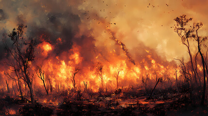 A dramatic scene of fire and destruction in an apocalyptic landscape. Ashfall. Illustration