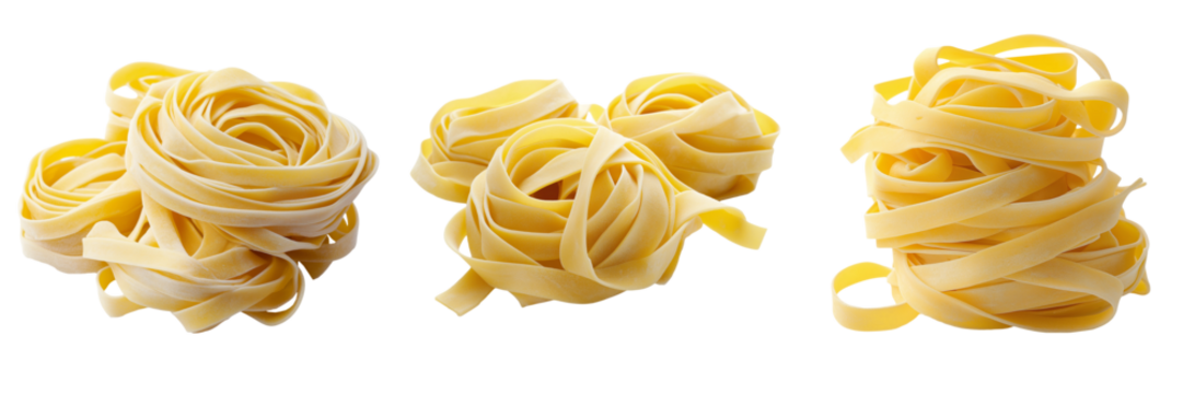 A few strands of uncooked tagliatelle pasta twisted into delicate nests, isolated on a transparent background