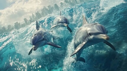 Fototapeta premium Three Dolphins Swimming Through Ocean Waves Near City