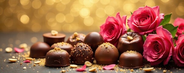 Assortment of fine chocolates, floral arrangement, gold leaf background, photography, present, treat