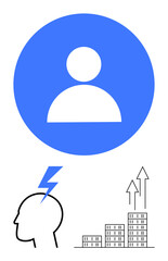 User profile inside blue circle paired with head emitting lightning bolt and bar graph growth arrows. Ideal for self-improvement, innovation, brainstorming, success, strategy, productivity, abstract