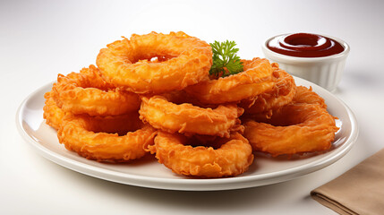 Hot and crispy onion rings stacked on a plate, a perfect side dish or comfort food visual, studio view.