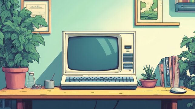 Retro Vintage Computer Setup with Classic CRT Monitor in a Cozy Home Office Decor Featuring Potted Plants and Books on a Sturdy Wooden Desk