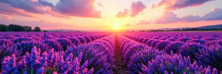 Obraz premium Rows of lavender under a clear summer sky at dawn , color, farm, sunrise