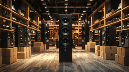 High-end audio store with multiple speakers and boxes, featuring a central large speaker surrounded...