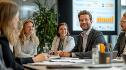 Professional team meeting in modern office with diverse colleagues collaborating and discussing business strategies around conference table