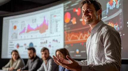 Confident man leading business presentation in modern office with diverse team analyzing financial data charts on digital screens