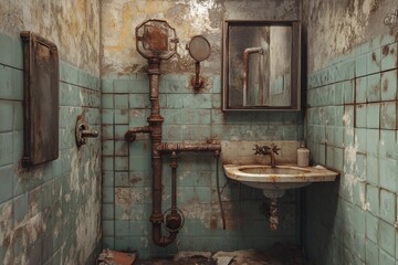 Old bathroom with water stains on the walls