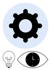 Black gear inside blue circle, lightbulb, and clock in eye. Ideal for innovation, productivity, vision, time management, creativity strategy efficiency. Abstract line flat metaphor