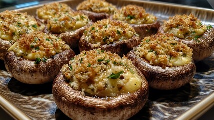 A delicious plate of baked potatoes with rosemary and herbs served with cheese, meat, and bread for a tasty homemade meal