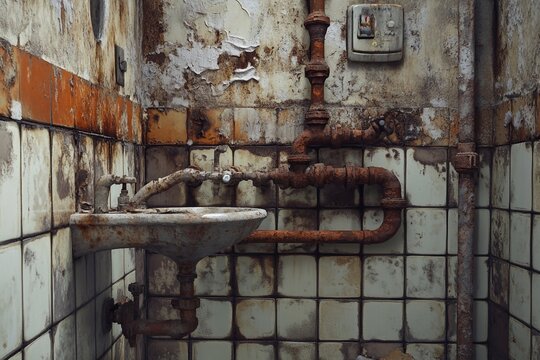 Old bathroom with rusty water pipes and broken fixtures