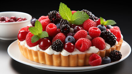 A vibrant fruit tart topped with strawberries, kiwi, and blueberries, perfect for parties, studio view.