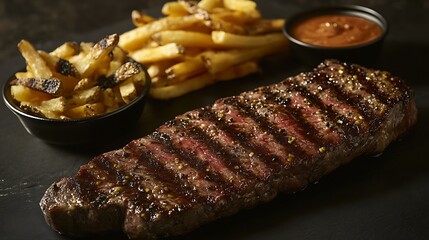 Grilled steaks on a plate with delicious sides served for dinner at a restaurant