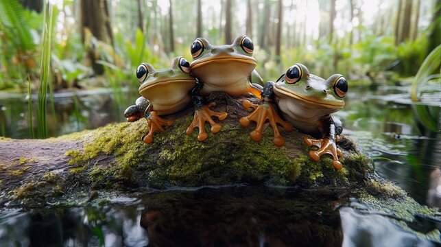 Three Green Tree Frogs Pose On Mossy Log