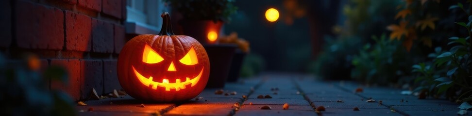 Fototapeta premium Carved pumpkin with glowing eyes on dark porch, mysterious, autumnal