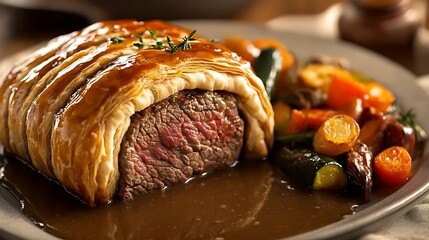 A delicious meal with roast pork, beef, potatoes, and bread served on a white plate, featuring gourmet dishes, salad, and cheese, perfect for breakfast, lunch, or dinner